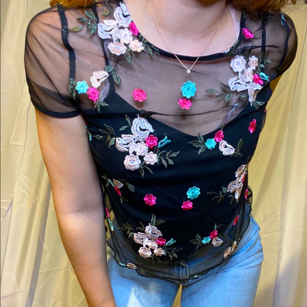Floral Mesh Black Top
